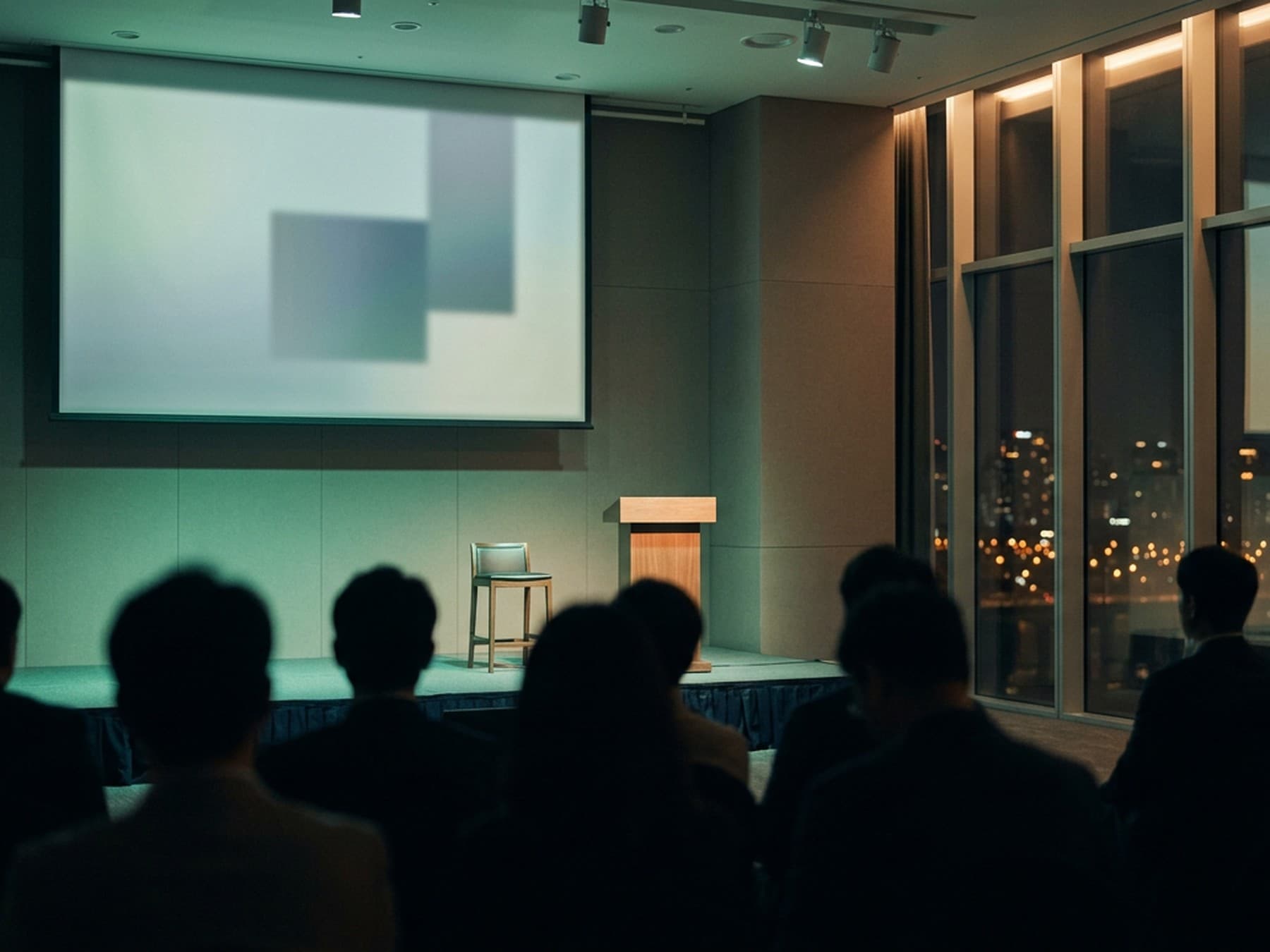 Evening investor event in a Yeouido venue, with rows of seats facing a lit presentation stage