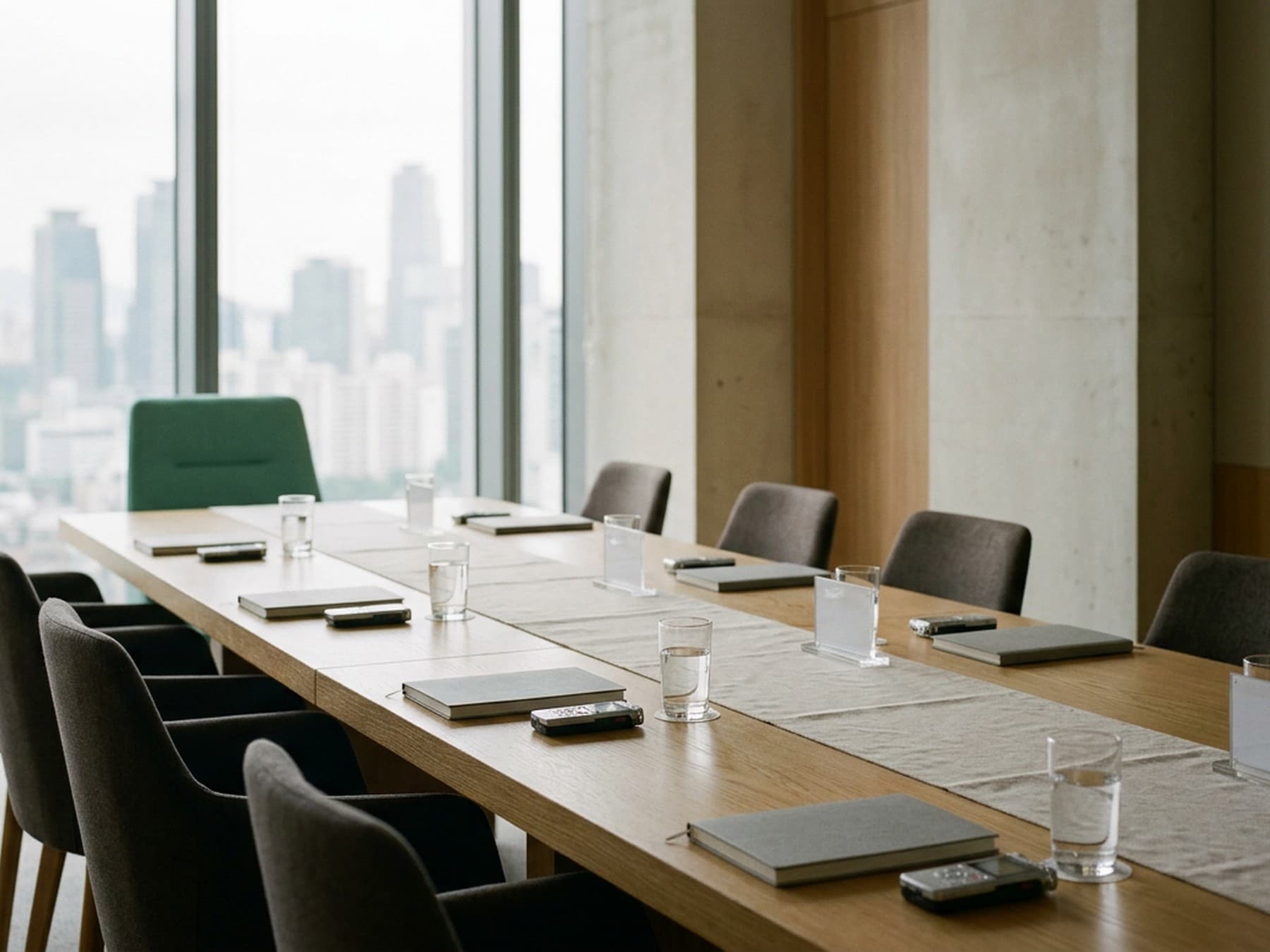 Conference table set for a financial media roundtable in a Seoul office, with the city skyline through the windows behind empty chairs