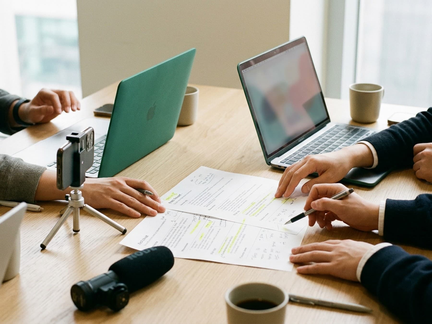 Small group of content creators at a pre-launch product briefing, seated around a table with notes