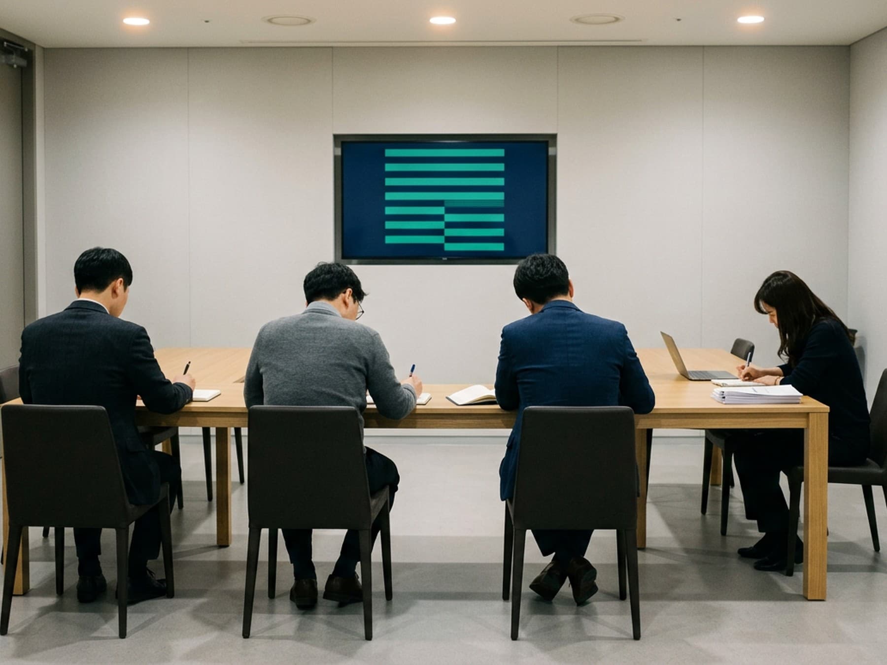 Reporters seated around a briefing table during a financial media roundtable