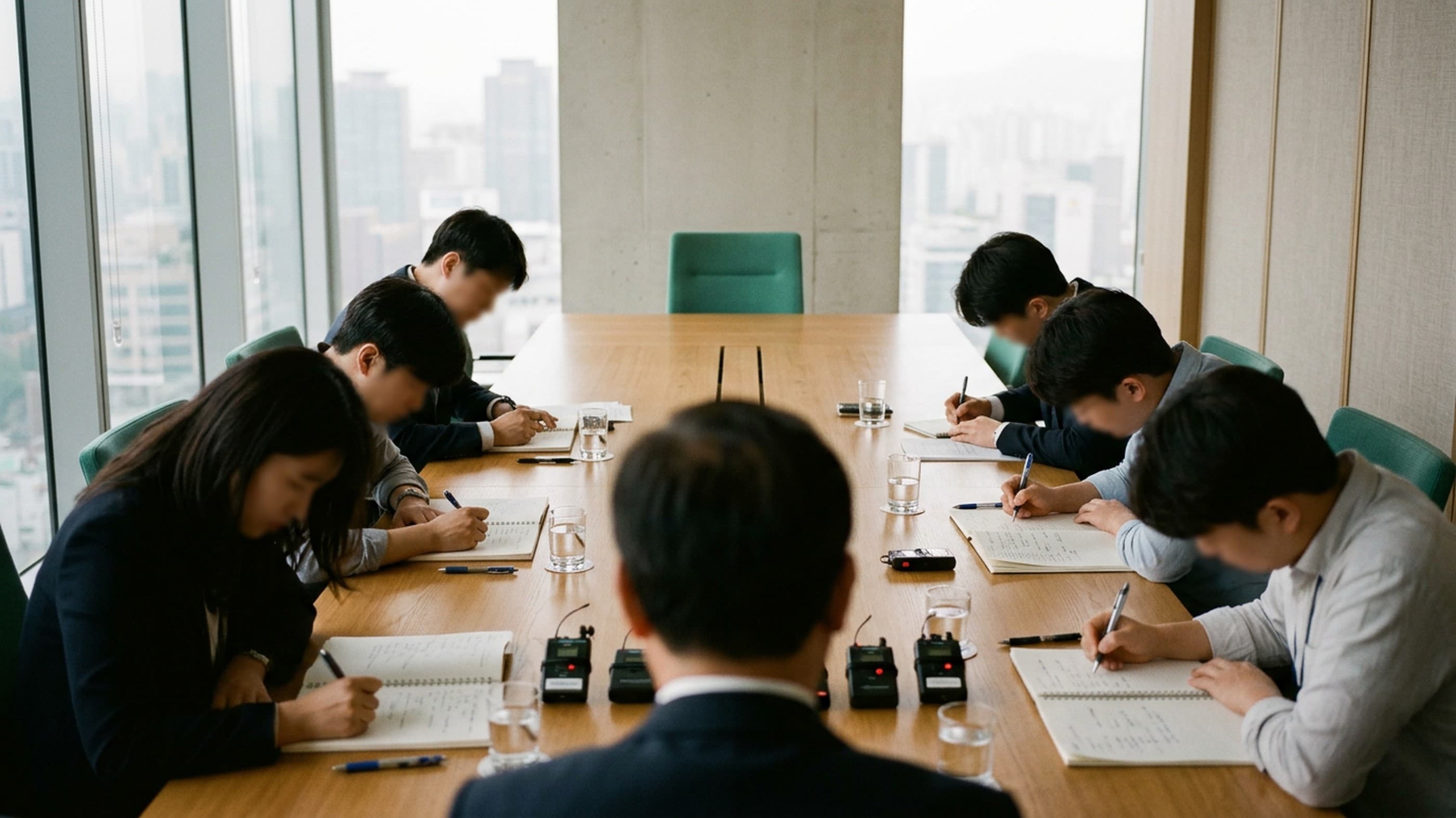 Executive speaking at a financial media roundtable in a Seoul office, with the city skyline visible behind